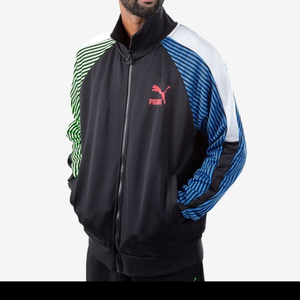 PUMA Men's Black Bomber Jacket with Blue and Green Stripes